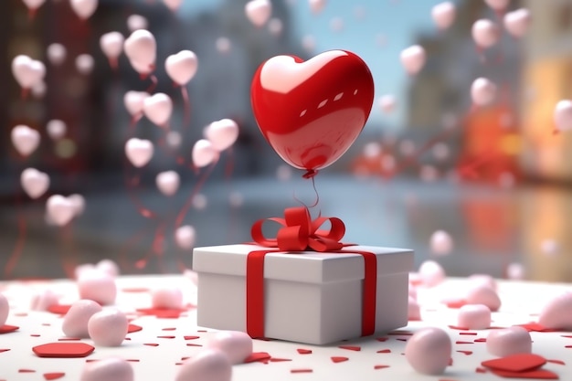 Bonne journée de la Saint-Valentin avec une boîte cadeau rouge et des ballons en forme de cœur bannière romantique d'amour