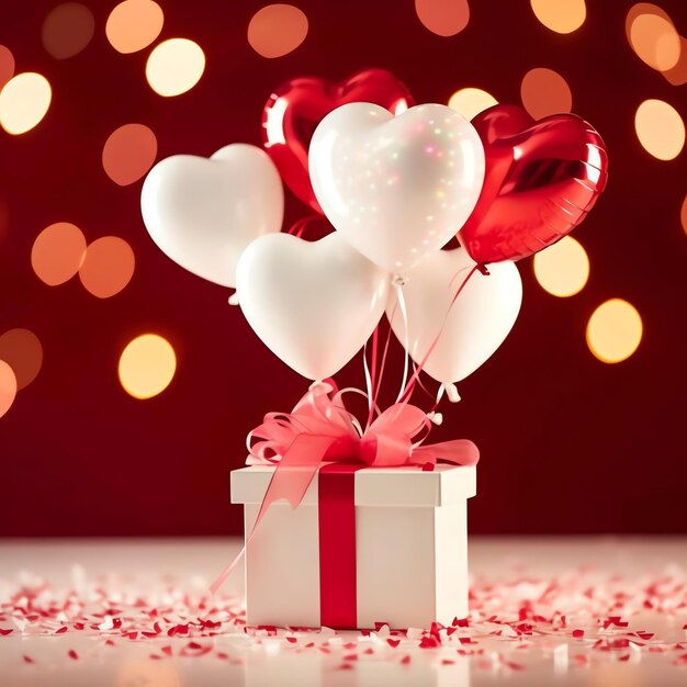 Bonne journée de la Saint-Valentin avec une boîte cadeau rouge et des ballons en forme de cœur bannière romantique d'amour