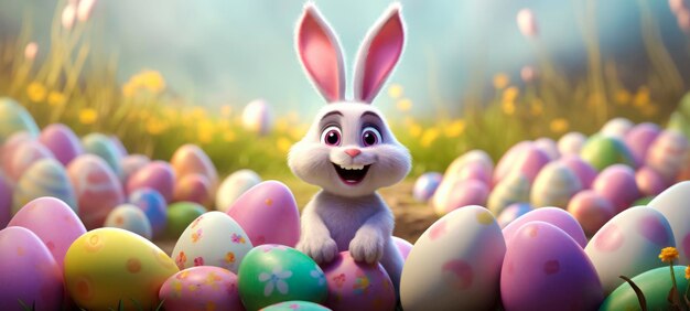 Bonne Pâques bannière colorée avec un mignon lapin de dessin animé et beaucoup d'œufs