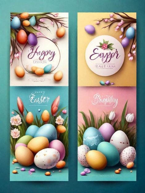 Photo bonne pâques bannières verticales avec des œufs de pâques lapin de pâque et illustration vectorielle de police