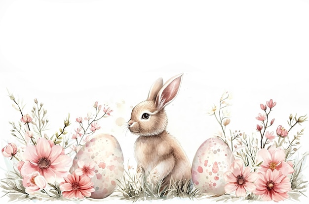 Bonne Pâques carte de vœux à l'aquarelle dessinée à la main avec des œufs de Pâques, des fleurs en fleurs et un mignon lapin