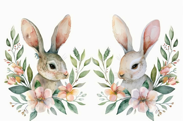 Bonne Pâques cartes à l'aquarelle avec de mignons œufs de lapin de Pâques fleurs de printemps et oiseau en couleurs pastel isolés sur fond blanc