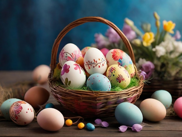 Bonne Pâques avec un lapin de Pâques et des œufs de Pâque colorés AI générative