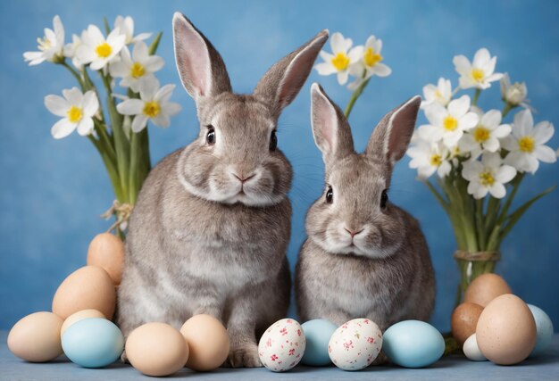 Photo bonne pâques à la maison avec des fleurs de printemps et un lapin sur un fond bleu