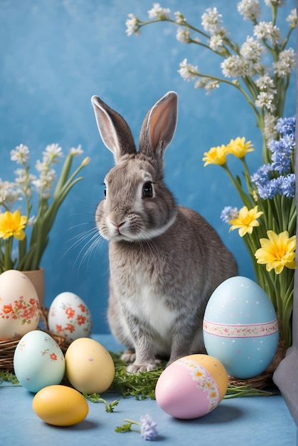 Photo bonne pâques à la maison avec des fleurs de printemps et un lapin sur un fond bleu