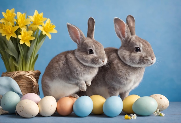 Photo bonne pâques à la maison avec des fleurs de printemps et un lapin sur un fond bleu