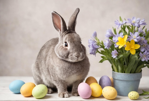 Bonne Pâques à la maison avec des fleurs de printemps et un lapin sur un fond lumineux de la pièce