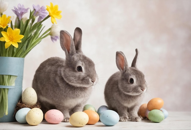 Photo bonne pâques à la maison avec des fleurs de printemps et un lapin sur un fond lumineux de la pièce