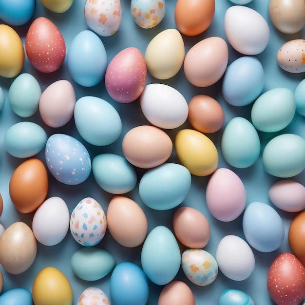 Bonne Pâques œufs de Pâques colorés sur fond bleu pastel et blanc