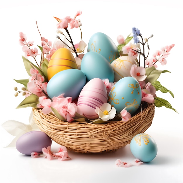 Bonne Pâques Un panier en osier avec des œufs de Pâques colorés sur un fond blanc