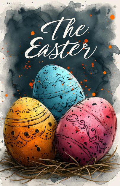 Photo bonne pâques texte de carte de vœux l'affiche de style rétro de pâques aquarelle lapin œufs peints