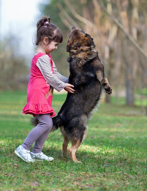 Bonne petite fille jouant avec un chien debout sur ses pattes de derrière