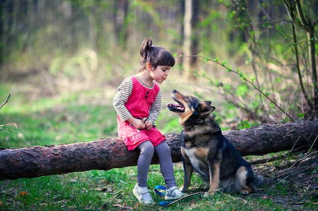 Bonne petite fille joue avec un gros chien dans la forêt