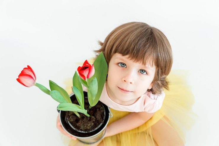 Photo bonne petite fille tenir des tulipes rouges jaunes en pot sur un fond blanc vue de dessusspringgardening et concept de pâques