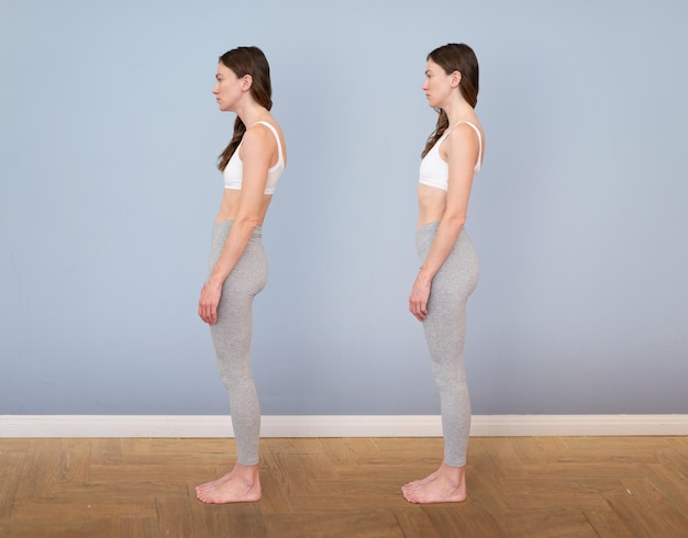 Bonne posture et mauvaise posture d'une femme vue latérale