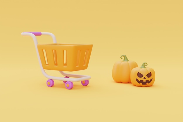 Bonne vente d'Halloween avec citrouilles JackoLantern et panier sur fond jaune vacances d'octobre traditionnelles rendu 3d