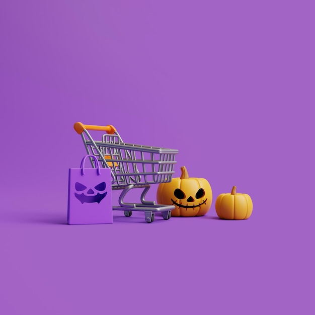 Bonne vente d'Halloween avec panier de citrouille Jack o Lantern et sac de shopping sur fond violet