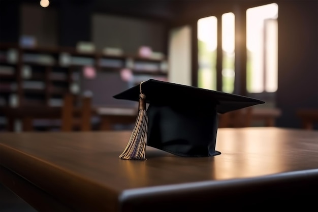 Un bonnet de graduation est posé sur une table dans une bibliothèque.