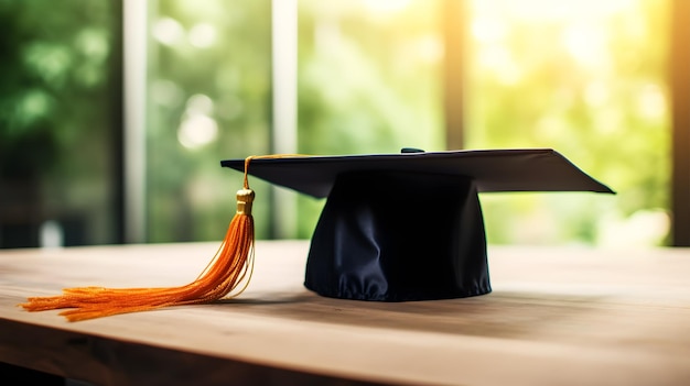 Un bonnet de graduation est posé sur une table avec un pompon dessus.