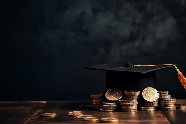 Un bonnet de graduation avec des pièces de monnaie est posé sur une table.