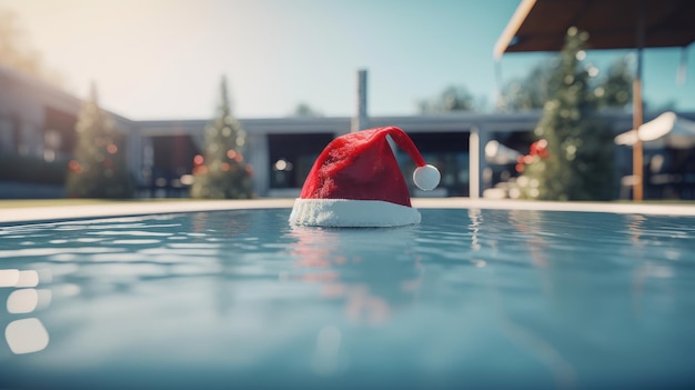 Un bonnet de Noel flotte dans une piscine avec une maison en arrière-plan.