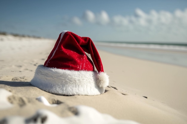 Bonnet de Noel rouge sur la plage de sable