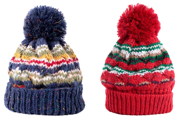 Bonnet de ski pompon hiver bleu rouge