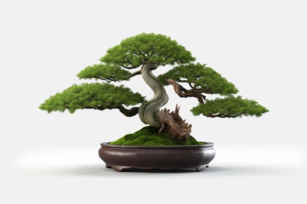 Bonsai arpenté dans un pot avec de la mousse sur une surface blanche