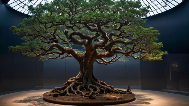 Bonsai dans une pièce circulaire avec une lucarne