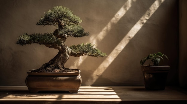 Un bonsaï dans un pot avec un cactus sur la table