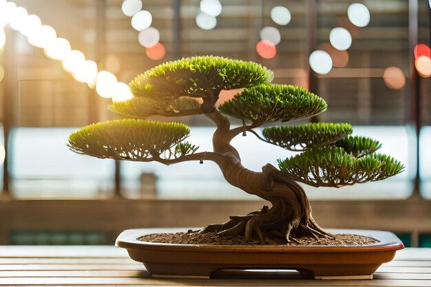 Un bonsai dans un pot avec une fenêtre derrière.