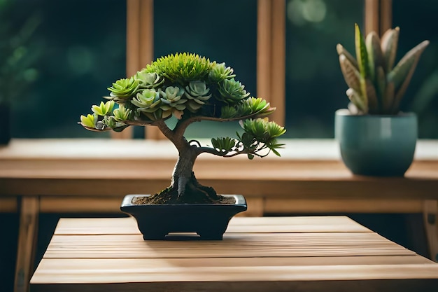 un bonsaï dans un pot sur une table.