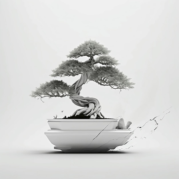 Un bonsaï est dans un pot avec une fissure.
