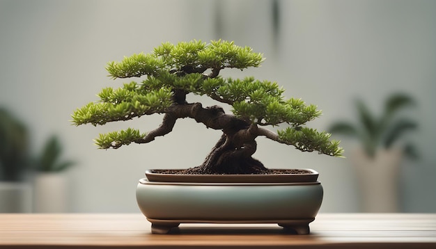 un bonsai est sur une table dans un pot