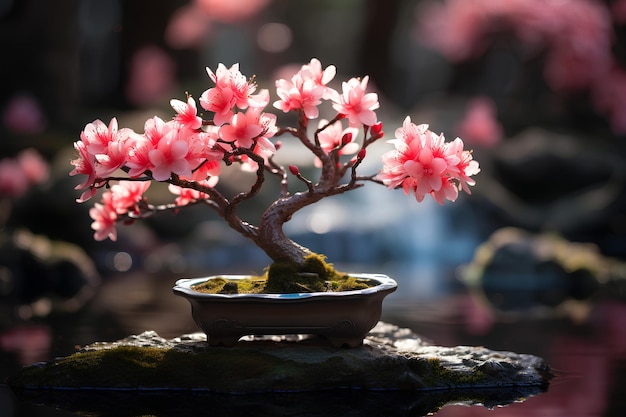 Bonsai en fleurs de pêche magnifiquement cultivé