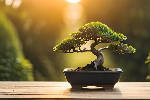 Un bonsai sur une table au coucher du soleil