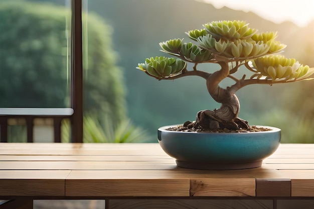 un bonsaï sur une table devant une fenêtre.