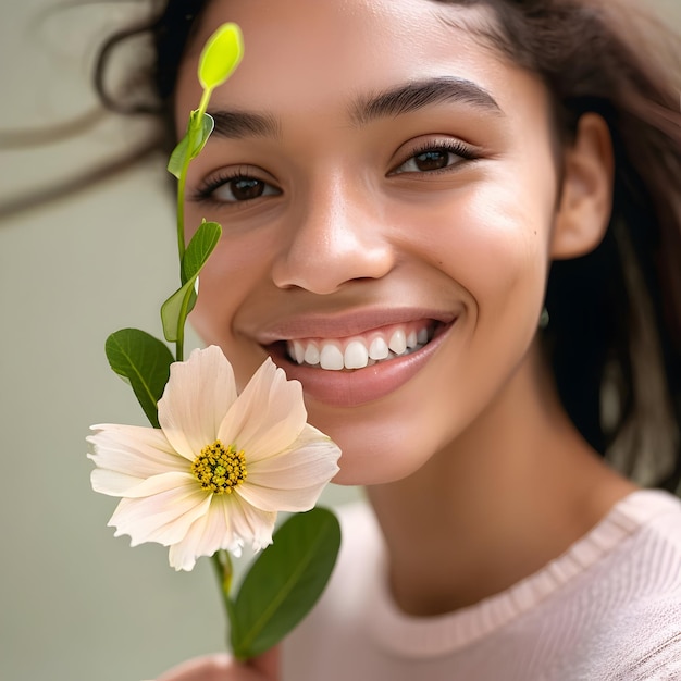 Photo bonsoir au printemps arrière-plan femme souriante tenant une fleur