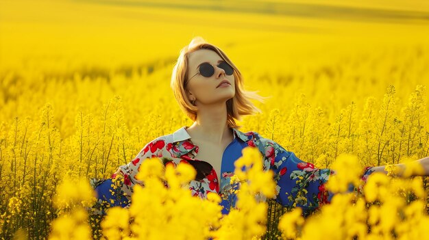 Photo bonsoir au printemps, belle femme dans un champ en fleurs.