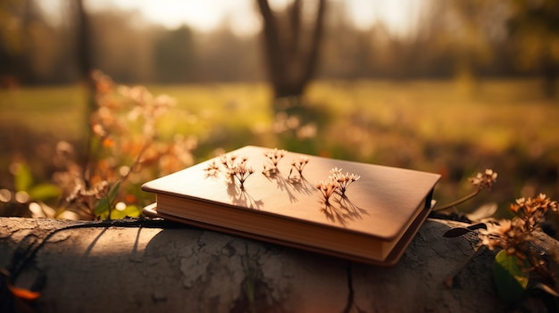 Photo book se repose sur un champ de fleurs jaunes