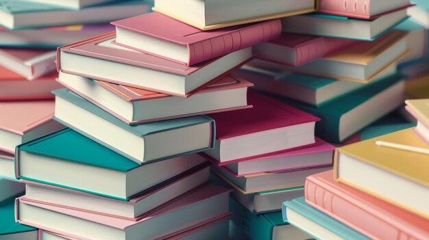 Book stack 3D ensemble d'illustration moderne pour l'enseignement scolaire et le concept de lecture Tour de littérature proche avec couvertures dures colorées pages blanches et marqueurs