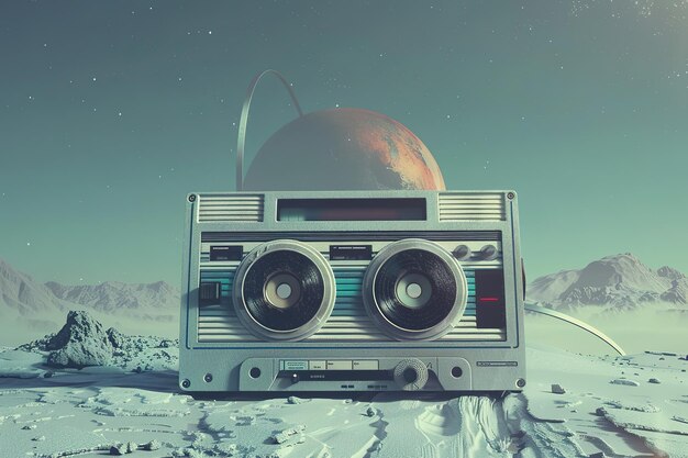 Un boombox de cassette vintage dans un paysage rétrofuturiste surréaliste avec une grande planète en arrière-plan