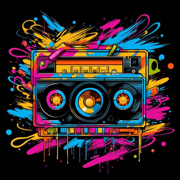 un boombox coloré avec des éclats et de la peinture sur un fond noir