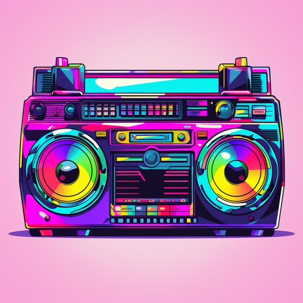 une boombox colorée avec des haut-parleurs sur fond rose ai générative