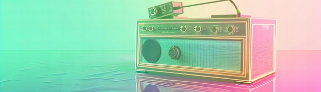 Boombox rétro sur un sol carrelé avec un gradient néon Concept vintage et musical