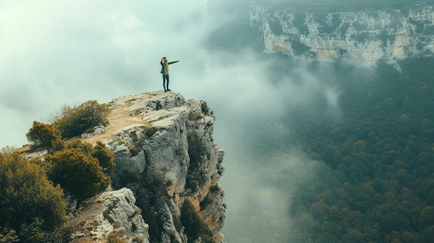 Photo sur le bord d'une falaise rocheuse, un homme lève les mains vers le ciel en signe de liberté ou de victoire, et en arrière-plan, un paysage fantastique.