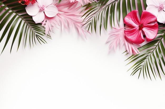 Photo bord de fleur rose avec des feuilles de palmier sur fond blanc