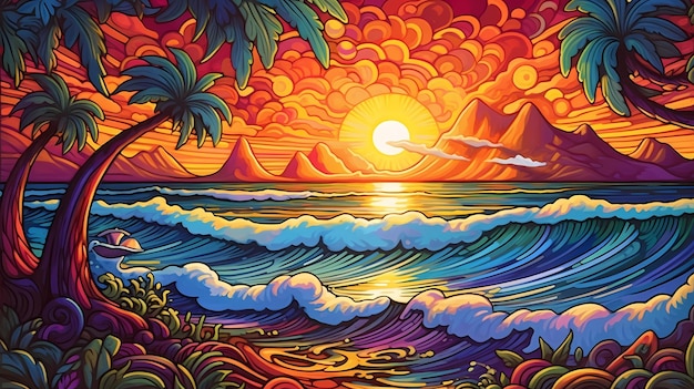Bord de mer plage soleil silhouettes exotiques palmiers littoral nuages ciel vacances d'été Generative AI