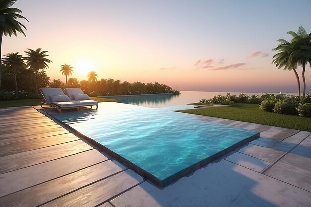 Le bord d'une piscine au coucher du soleil Rendering 3D