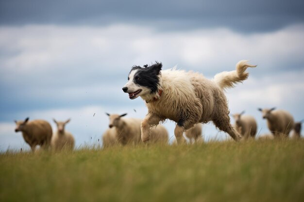 Border collie en action avec des moutons sur une colline